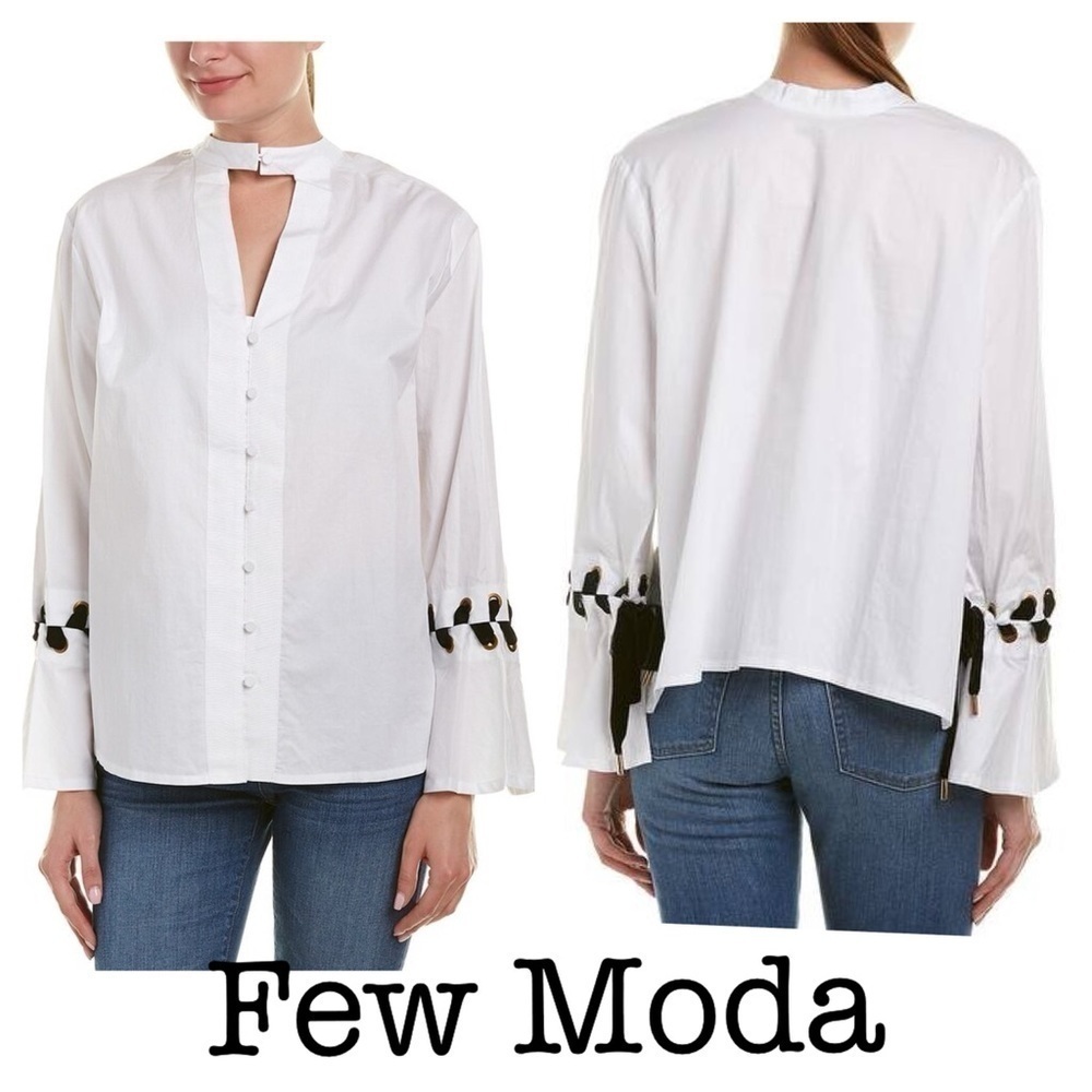 Few Moda white blouse velvet lace up bell sleeves